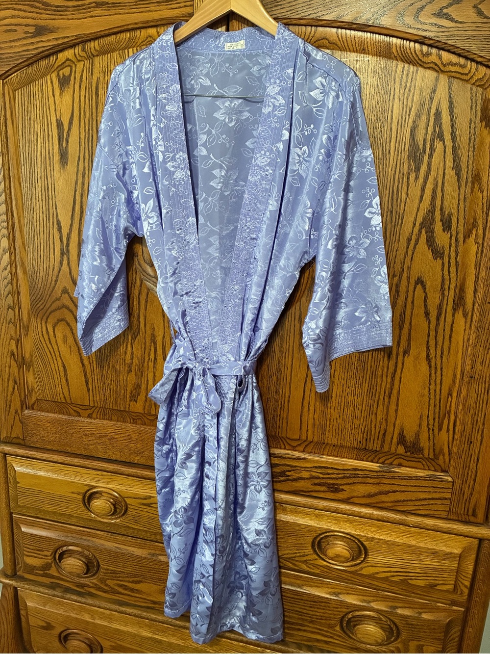 Thai Silk Light Purple Floral Satin Kimono Robe with Tie Belt One Size